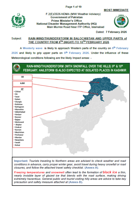 NDMA's Weather Advisory Dated 7 February 2026