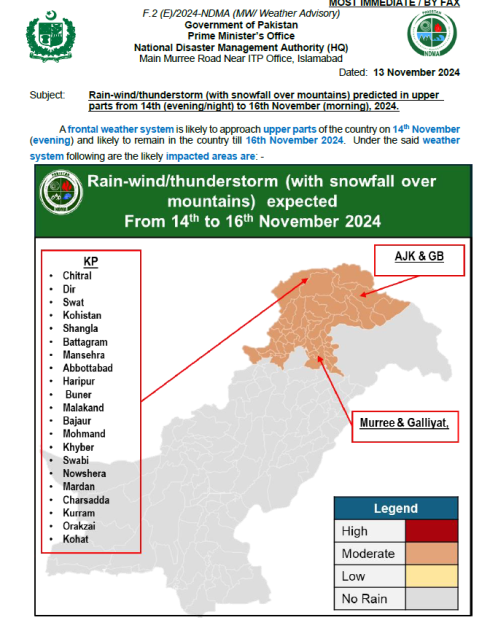 Rain-wind/thunderstorm (with snowfall over mountains) predicted in upper parts from 14th (evening/night) to 16th November (morning), 2024.