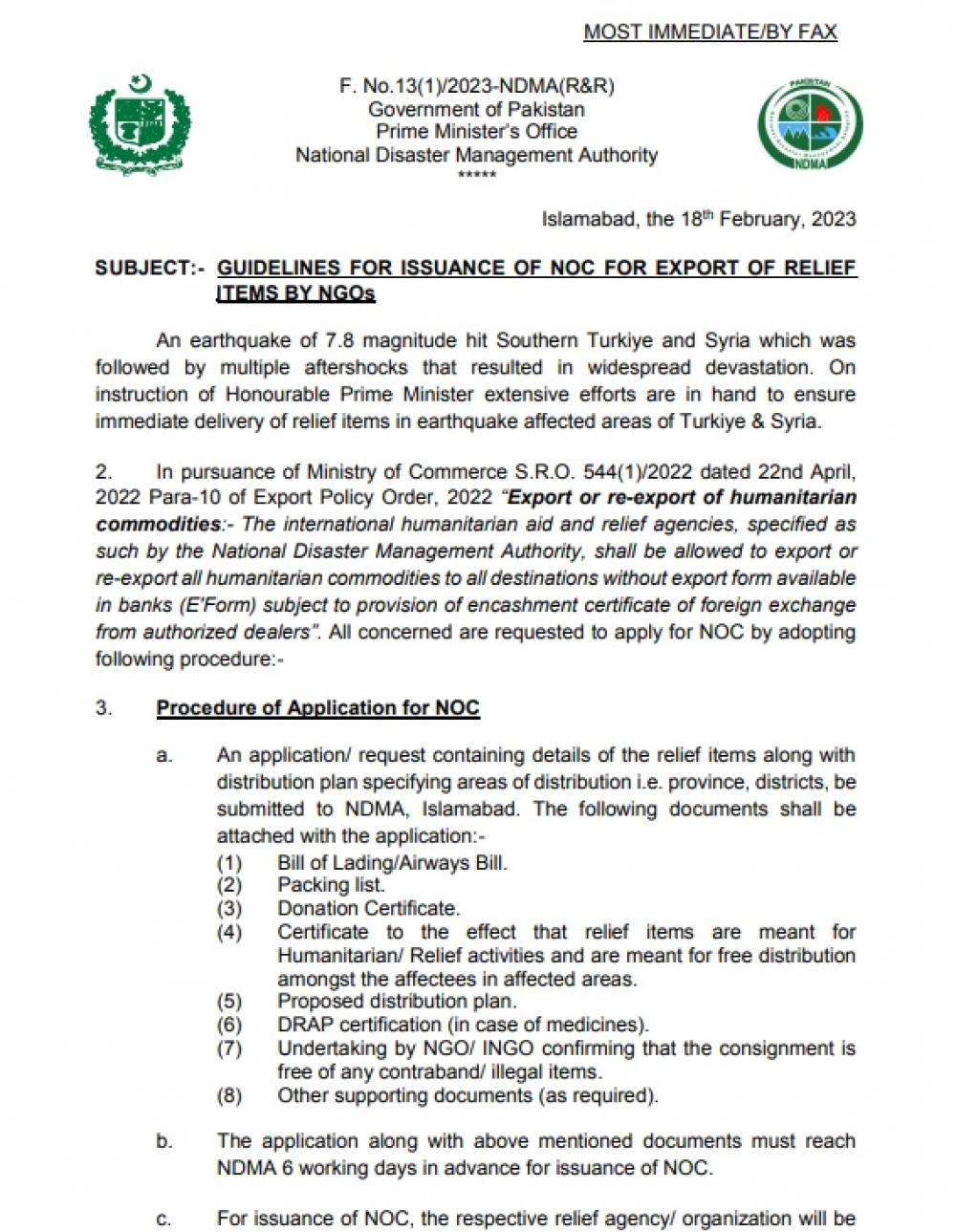 Guidelines for Issuance of NOC Relief Items by NGOS