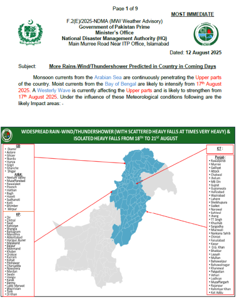 NDMA's Weather Advisory dated 12 August 2025