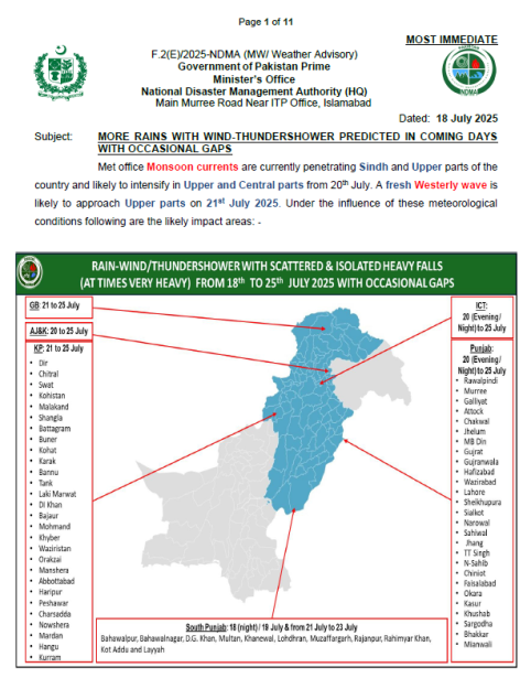 NDMA Weather Advisory 18 July 2025
