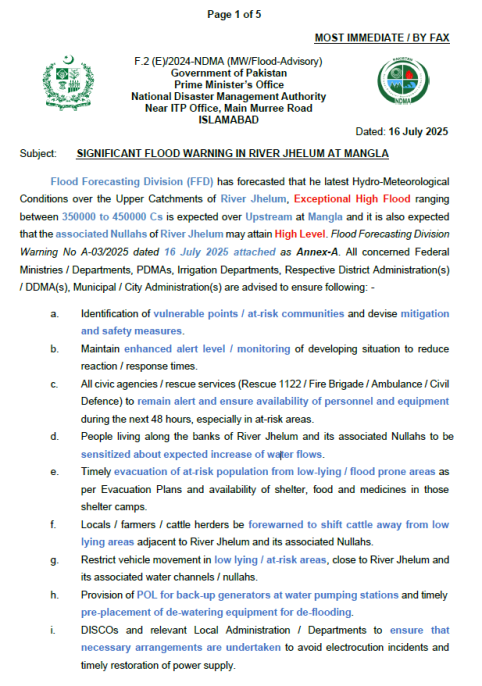 SIGNIFICANT FLOOD WARNING IN RIVER JHELUM AT MANGLA