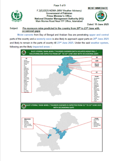 NDMA's Weather Advisory on 19 June 2025
