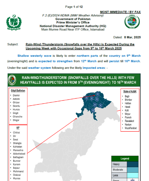 NDMA Weather Advisory 8 Mar 2025 (9 to 12 Mar)