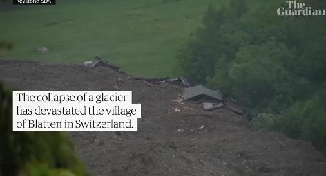 A huge section of a glacier in the Swiss Alps has broken off, causing a deluge of ice, mud and rock to bury most of a village evacuated earlier this month due to the risk of a rockslide.