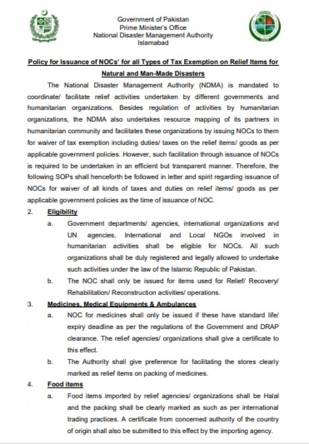 Policy for Issuance of NOCs’ for all Types of Tax Exemption on Relief Items for Natural and Man-Made Disasters