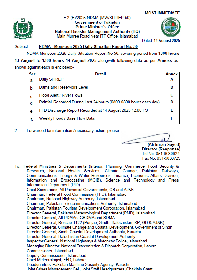 NDMA - Monsoon 2025 Daily Situation Report No. 50