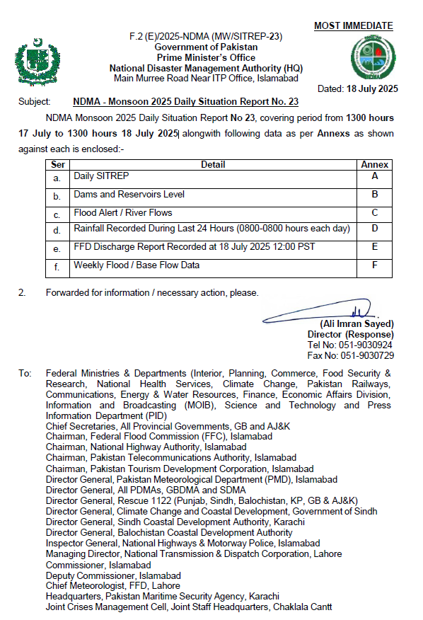 NDMA - Monsoon 2025 Daily Situation Report No. 23