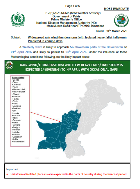 NDMA Weather Advisory - 30 March 2026