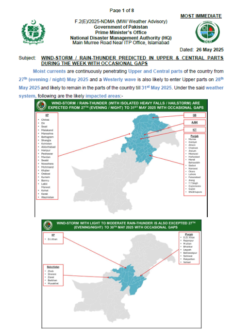 NDMA's Weather Advisory 26-May-2025 (27 - 31 May 2025)