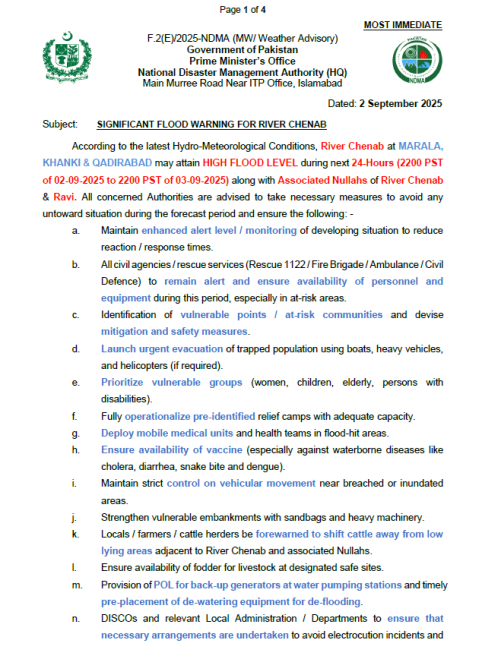 SIGNIFICANT FLOOD WARNING FOR RIVER CHENAB
