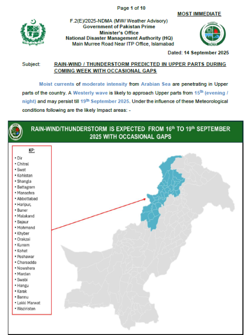 NDMA's Weather Advisory dated 14 Sep 2025