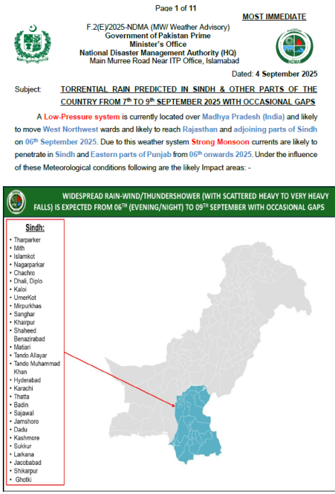NDMA's Weather Advisory 4 September 2025