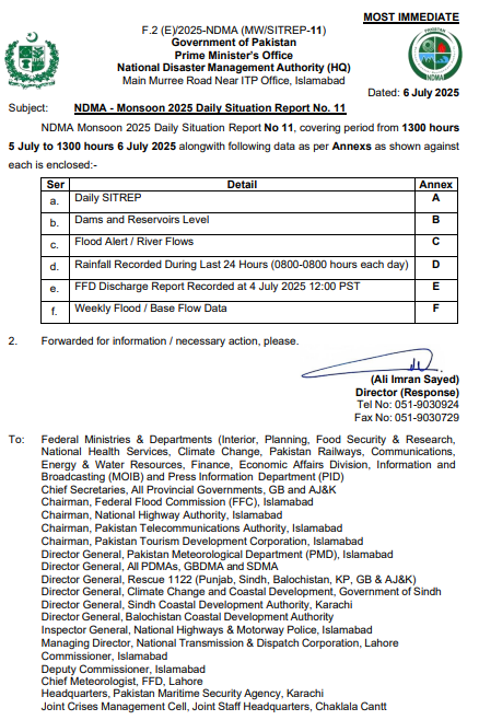 NDMA - Monsoon 2025 Daily Situation Report No. 11