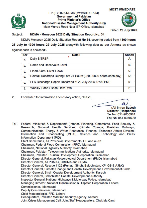 NDMA - Monsoon 2025 Daily Situation Report No. 34