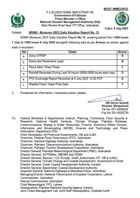 NDMA - Monsoon 2025 Daily Situation Report No. 13