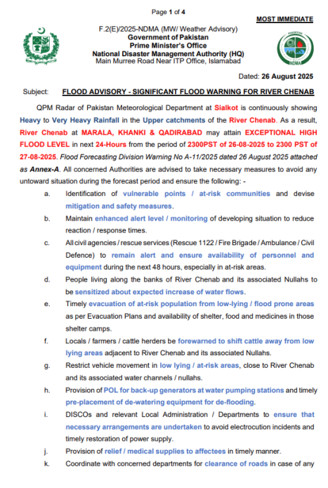 FLOOD ADVISORY - SIGNIFICANT FLOOD WARNING FOR RIVER CHENAB