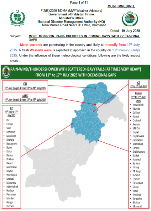 NDMA's Weather Advisory on 10 July 2025 (from 11 to 17 July 2025)