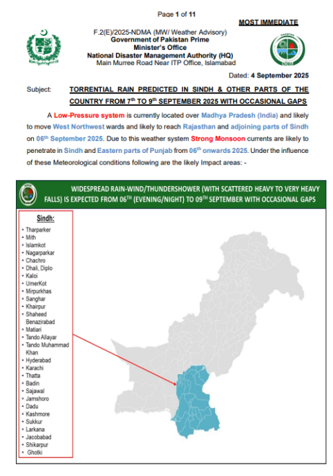 TORRENTIAL RAIN PREDICTED IN SINDH & OTHER PARTS OF THE COUNTRY FROM 7 th TO 9 th SEPTEMBER 2025 WITH OCCASIONAL GAPS