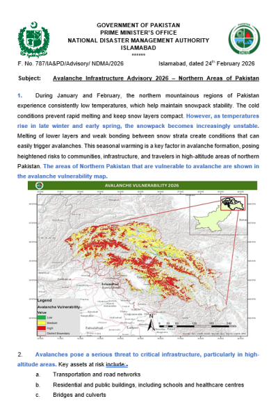 Avalanche Infrastructure Advisory 2026 – Northern Areas of Pakistan