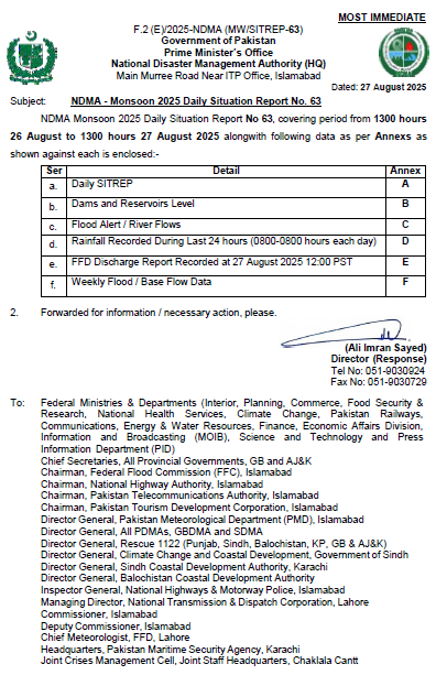 NDMA - Monsoon 2025 Daily Situation Report No. 63