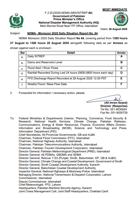 NDMA - Monsoon 2025 Daily Situation Report No. 64