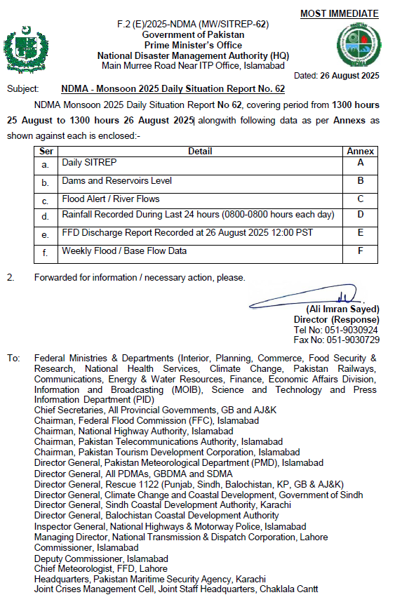 NDMA - Monsoon 2025 Daily Situation Report No. 62
