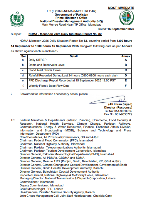 NDMA - Monsoon 2025 Daily Situation Report No. 82